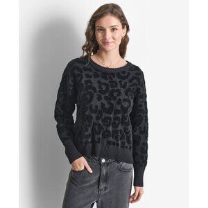 DKNY Women's Round-Neck Animal Chenille Sweater Black Size L MSRP $99